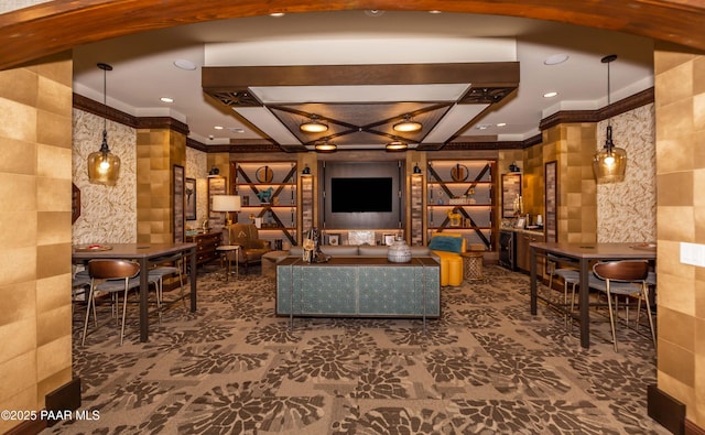 interior space with crown molding, tile walls, and recessed lighting