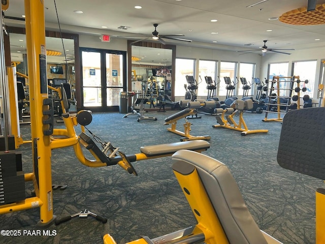 exercise room with recessed lighting, visible vents, and a ceiling fan