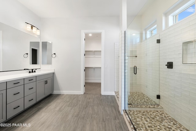 bathroom featuring vanity and a shower with shower door