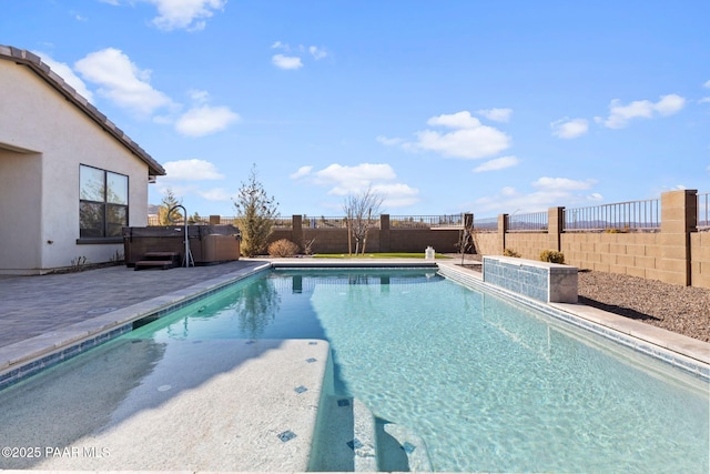 view of swimming pool with a patio, a fenced backyard, a fenced in pool, and a hot tub