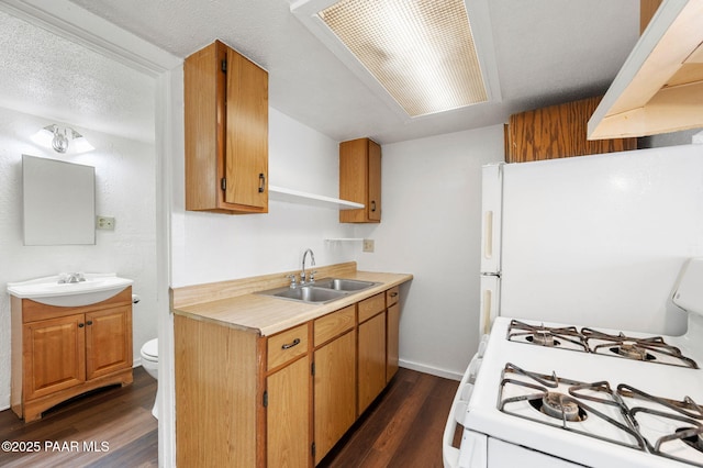 234 N Arizona Ave, Prescott, AZ 86301 - kitchen with a sink, white appliances, dark wood finished floors, open shelves, and light countertops