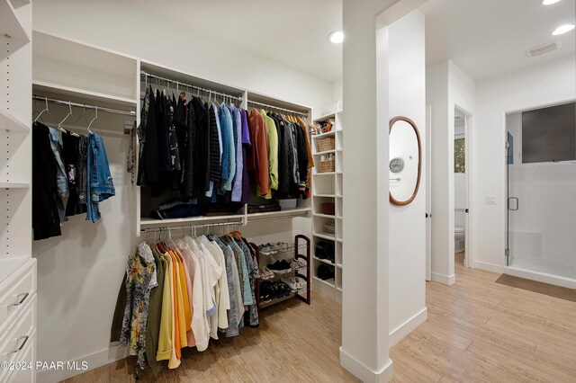 spacious closet with light hardwood / wood-style flooring