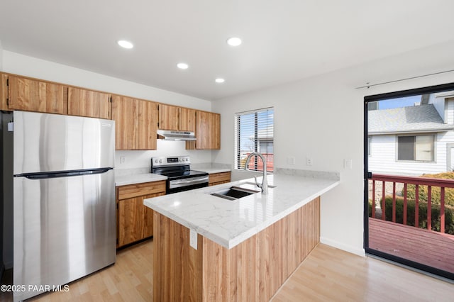 kitchen featuring light hardwood / wood-style floors, appliances with stainless steel finishes, kitchen peninsula, and sink