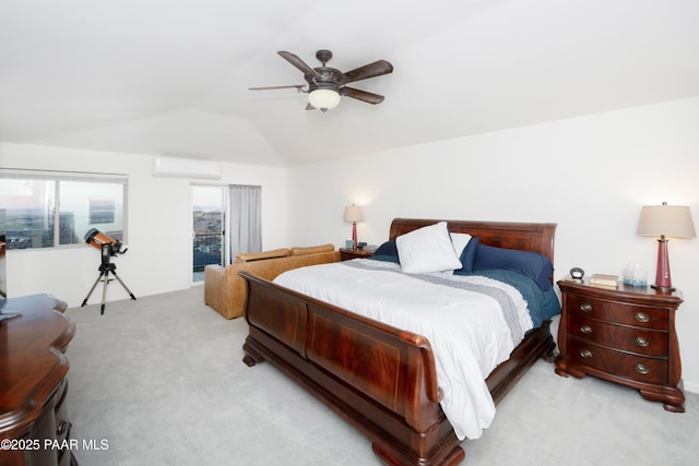 bedroom featuring lofted ceiling, a wall mounted air conditioner, light carpet, and ceiling fan