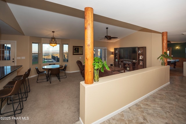 living room featuring vaulted ceiling, carpet floors, pool table, and ceiling fan