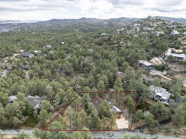 aerial view with a mountain view and a view of trees