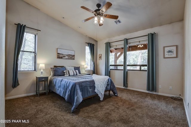 bedroom with vaulted ceiling, carpet, visible vents, and baseboards