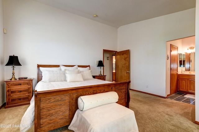 1585 Range Rd, Prescott, AZ 86303 - bedroom with carpet, baseboards, ensuite bathroom, and high vaulted ceiling
