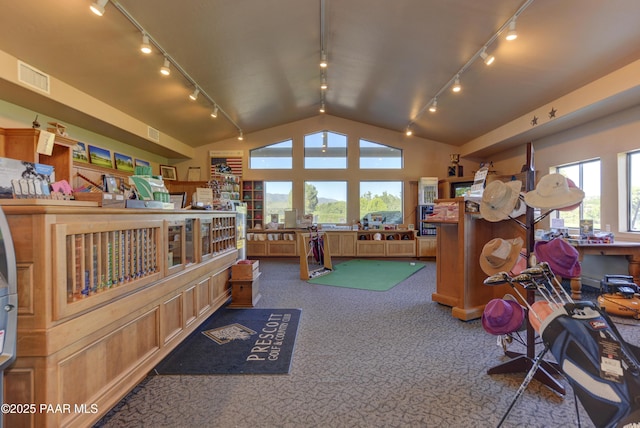 misc room featuring track lighting, visible vents, dark colored carpet, and vaulted ceiling