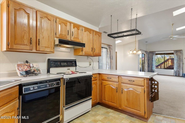 kitchen with hanging light fixtures, electric range, black dishwasher, light colored carpet, and kitchen peninsula