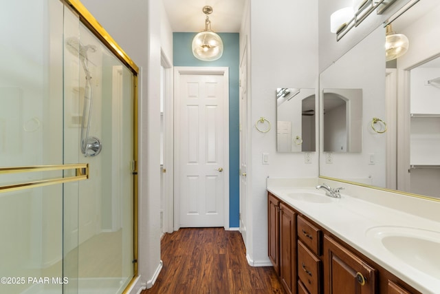 6723 E Arden Ct Unit 5, Prescott Valley, AZ 86314 - full bath featuring a stall shower, wood finished floors, double vanity, and baseboards
