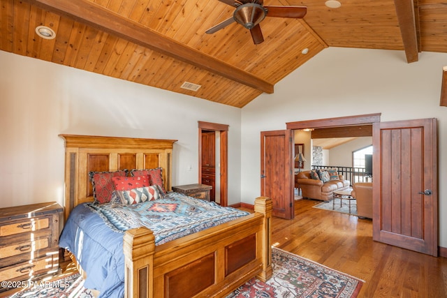 bedroom with high vaulted ceiling, beamed ceiling, wood-type flooring, ceiling fan, and wooden ceiling