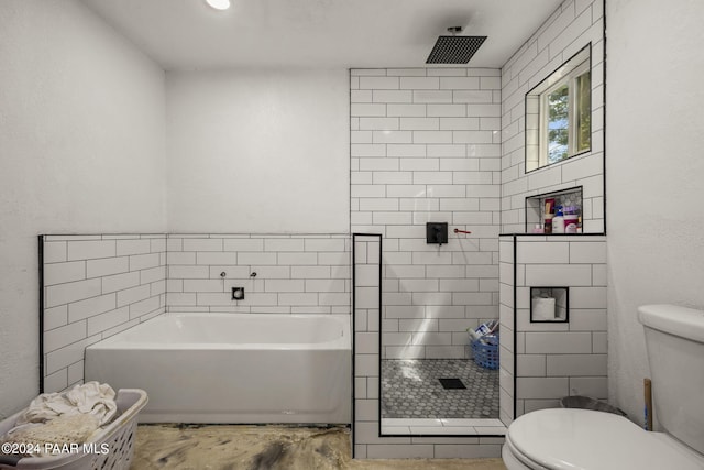 bathroom with shower with separate bathtub and toilet