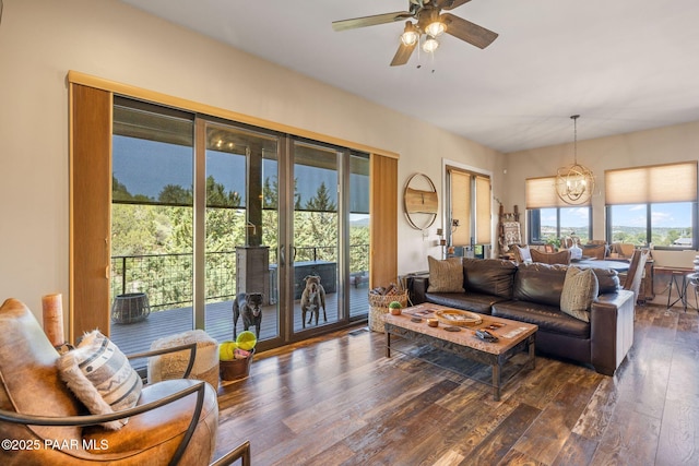 965 Northwood Loop, Prescott, AZ 86303 - living area with ceiling fan, dark wood-style floors, and a chandelier