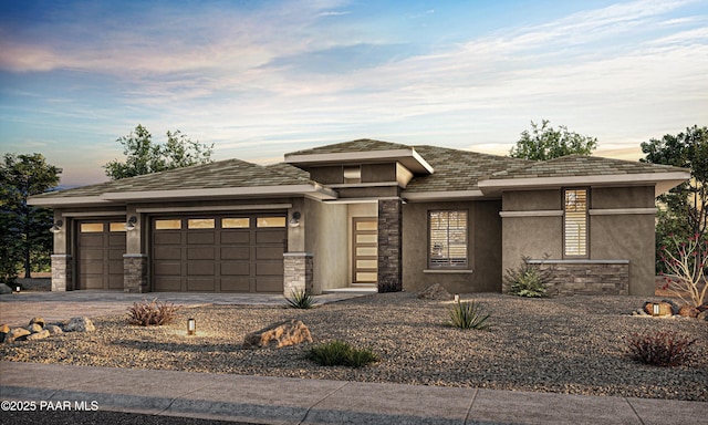 1157 Irwin Way, Prescott, AZ 86301 - prairie-style house with stone siding, a garage, concrete driveway, and stucco siding