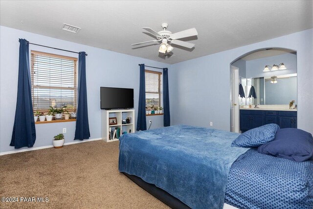 1525 Salida Del Sol, Chino Valley, AZ 86323 - bedroom with carpet floors, arched walkways, connected bathroom, a sink, and ceiling fan