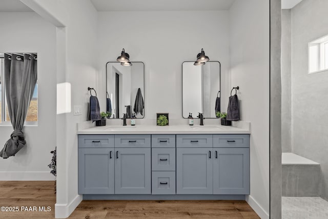 bathroom with hardwood / wood-style flooring and vanity