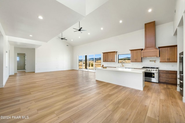 kitchen featuring high vaulted ceiling, light wood-type flooring, and stainless steel range