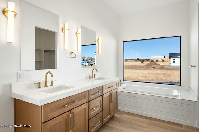 bathroom with hardwood / wood-style flooring, a washtub, and vanity