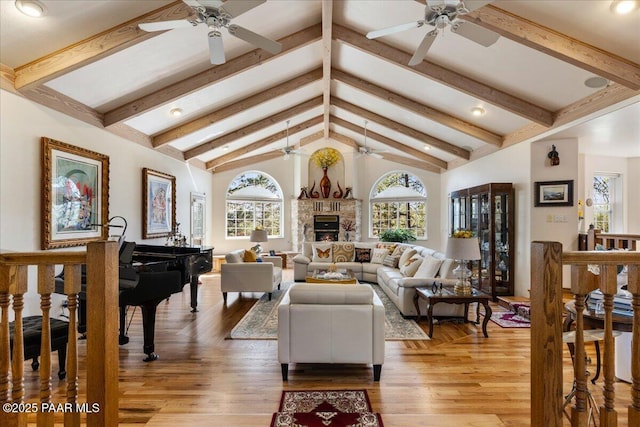 1167 Eagles Nest, Prescott, AZ 86303 - living area featuring a ceiling fan, light wood finished floors, a fireplace, and recessed lighting