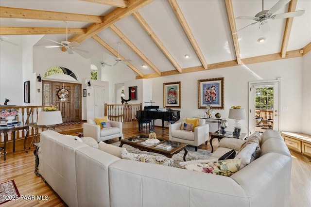 1167 Eagles Nest, Prescott, AZ 86303 - living room with a ceiling fan, beamed ceiling, light wood-type flooring, high vaulted ceiling, and recessed lighting