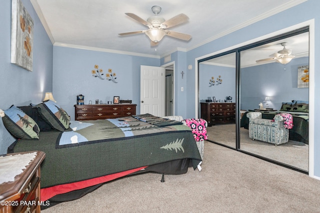 1116 Christie Ln, Prescott, AZ 86305 - bedroom featuring carpet flooring, a closet, ornamental molding, and a ceiling fan