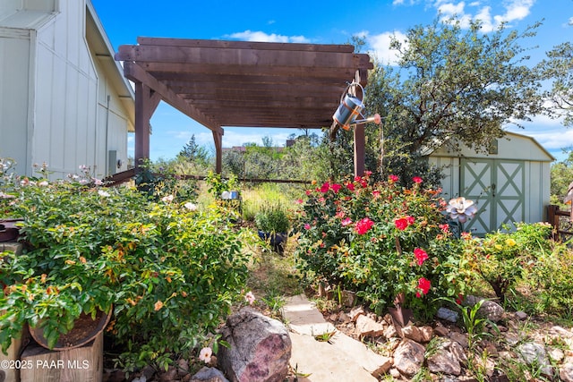 1116 Christie Ln, Prescott, AZ 86305 - view of yard with an outdoor structure, a shed, and a pergola