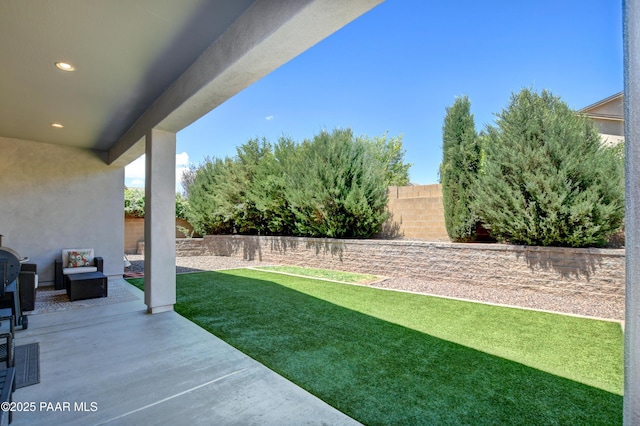 view of yard featuring a fenced backyard and a patio area