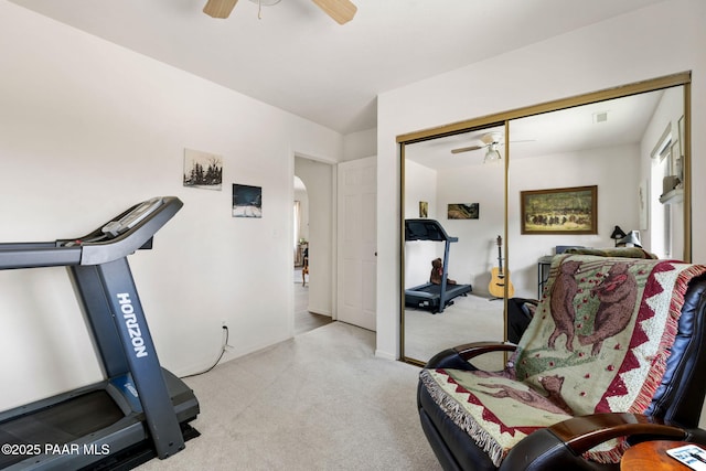 5420 N Mesquite Dr, Prescott Valley, AZ 86314 - exercise room featuring ceiling fan, carpet floors, and arched walkways