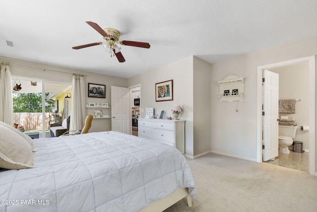5420 N Mesquite Dr, Prescott Valley, AZ 86314 - bedroom featuring light colored carpet, access to outside, baseboards, ensuite bath, and a ceiling fan