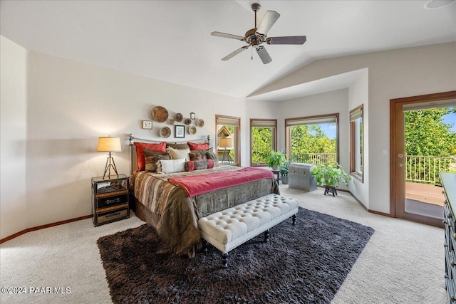 bedroom featuring access to exterior, ceiling fan, light colored carpet, and vaulted ceiling