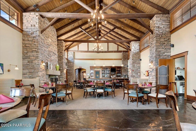 dining room featuring beam ceiling, a chandelier, high vaulted ceiling, and wooden ceiling