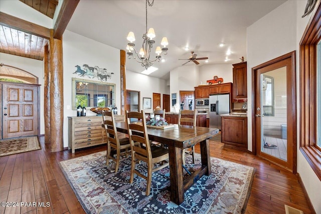 dining room featuring ceiling fan with notable chandelier, lofted ceiling with beams, dark wood-type flooring, and wood ceiling