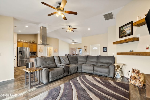 living room featuring lofted ceiling and dark wood-type flooring