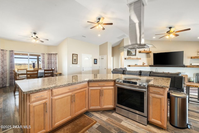 kitchen featuring light stone countertops, dark hardwood / wood-style flooring, vaulted ceiling, stainless steel electric range, and island range hood