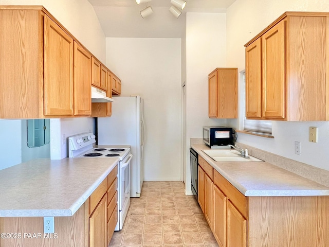 kitchen featuring a sink, stainless steel microwave, light countertops, and white electric range