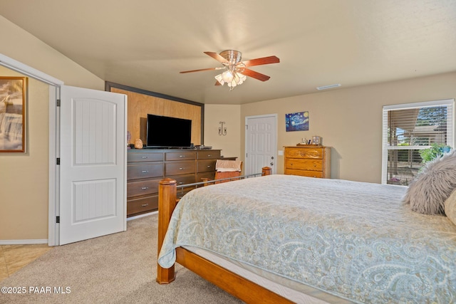 5278 N Saddleback Dr, Prescott Valley, AZ 86314 - bedroom featuring visible vents, baseboards, ceiling fan, and light carpet