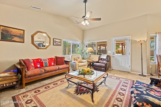 5278 N Saddleback Dr, Prescott Valley, AZ 86314 - living room with light tile patterned floors, high vaulted ceiling, a ceiling fan, and visible vents