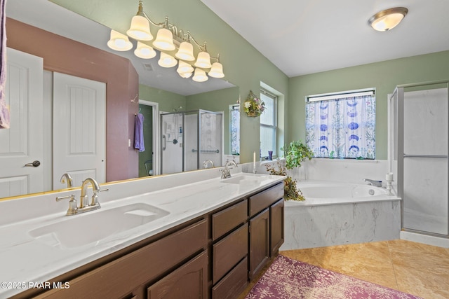 5278 N Saddleback Dr, Prescott Valley, AZ 86314 - full bathroom with a sink, a garden tub, a shower stall, and double vanity