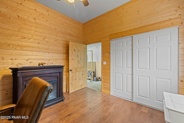5278 N Saddleback Dr, Prescott Valley, AZ 86314 - unfurnished office featuring wooden walls, a ceiling fan, and wood finished floors