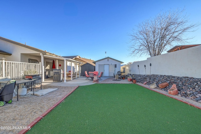 view of yard featuring a patio and a storage unit