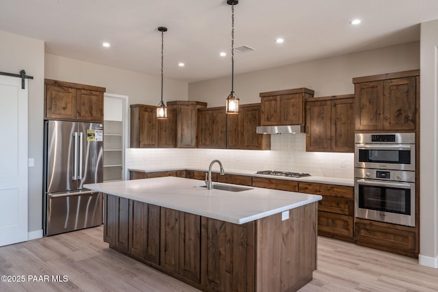kitchen with stainless steel appliances, a sink, under cabinet range hood, tasteful backsplash, and recessed lighting