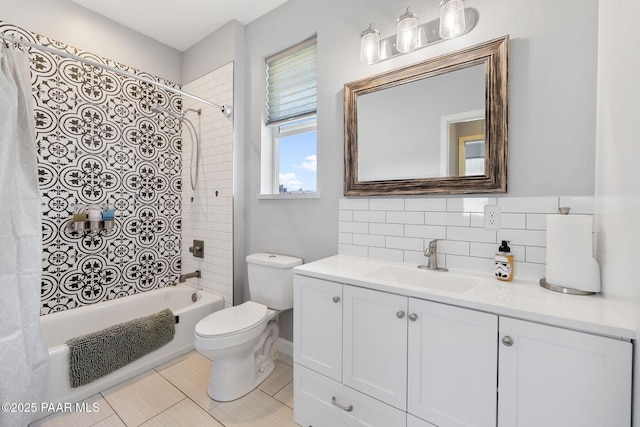 7921 E Las Palmas Dr, Prescott Valley, AZ 86314 - bathroom featuring vanity, toilet, shower / tub combo, and tile patterned flooring