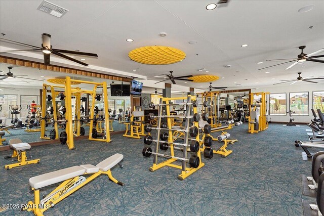 gym featuring carpet flooring, visible vents, and recessed lighting