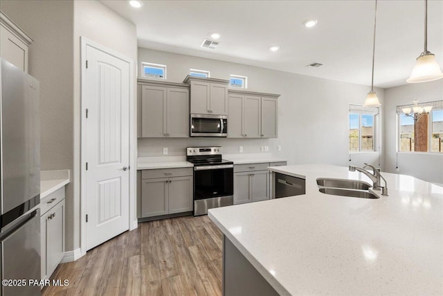 kitchen featuring stainless steel appliances, a sink, light wood-type flooring, visible vents, and gray cabinets