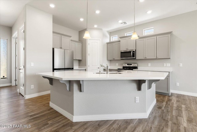 kitchen with gray cabinets, appliances with stainless steel finishes, and a sink