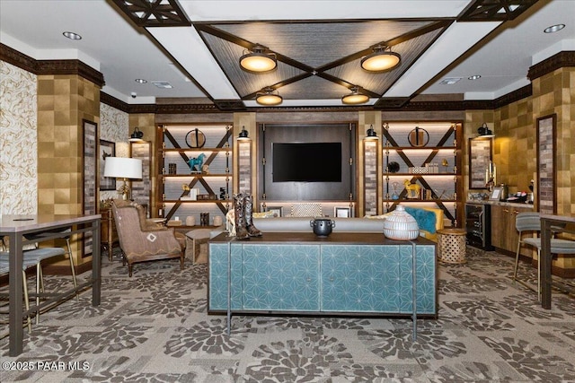 carpeted living area with recessed lighting, ornamental molding, and wine cooler