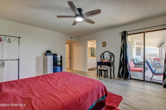 3096 Montana Dr, Prescott, AZ 86301 - bedroom with access to outside, a textured ceiling, a ceiling fan, light wood finished floors, and ensuite bath