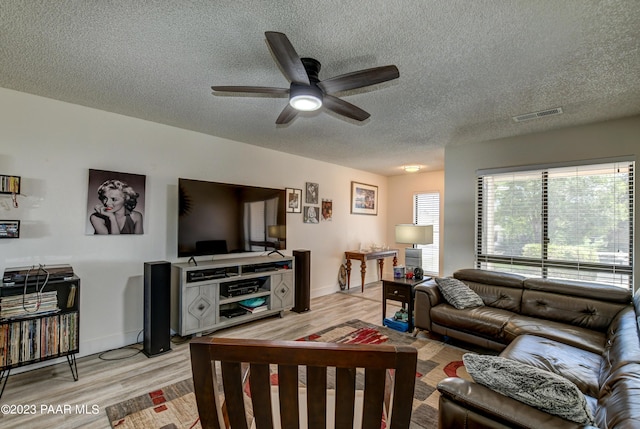 3096 Montana Dr, Prescott, AZ 86301 - living room featuring a ceiling fan, a textured ceiling, baseboards, and light wood-type flooring