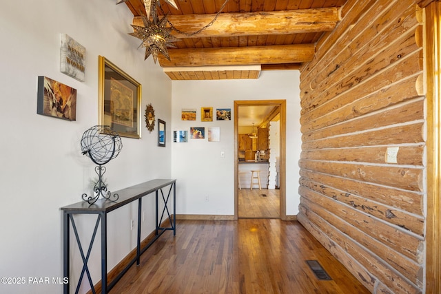 hall featuring beamed ceiling, wooden ceiling, and dark hardwood / wood-style flooring